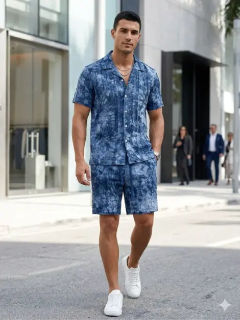 Ensemble chemise manches courte et short en lin et coton à effet délavé
