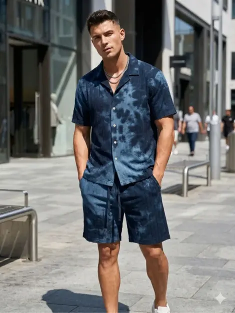 Ensemble chemise manches courte et short en lin et coton à effet délavé