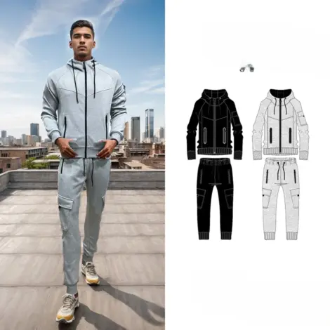 Ensemble de survêtement uni moderne pour Homme sweat à capuche zippé et d’un pantalon cargo ajusté