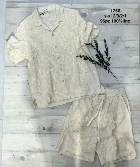 Ensemble lin homme chemisette et short fleuris
