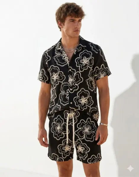 Ensemble lin homme chemisette et short fleuris