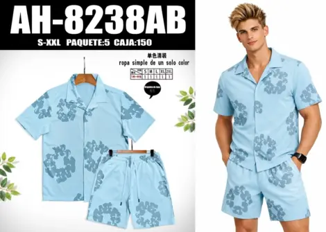 Ensemble uni homme chemisette et short texturé fleuris