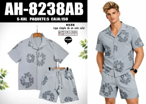Ensemble uni homme chemisette et short texturé fleuris