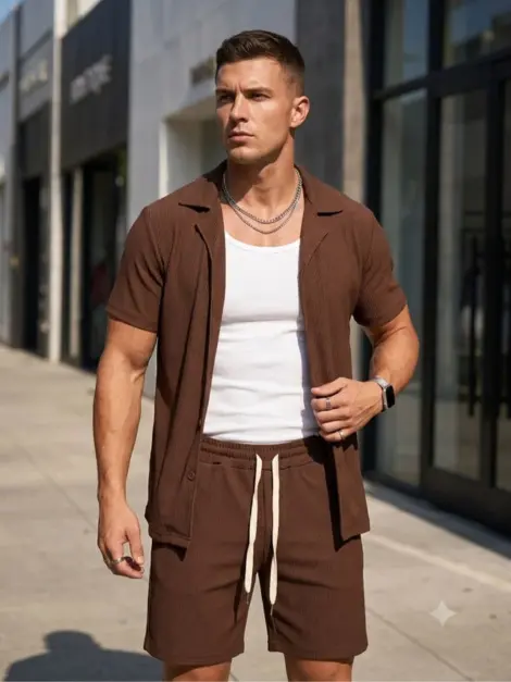 Ensemble uni homme chemisettes et short texturé et léger