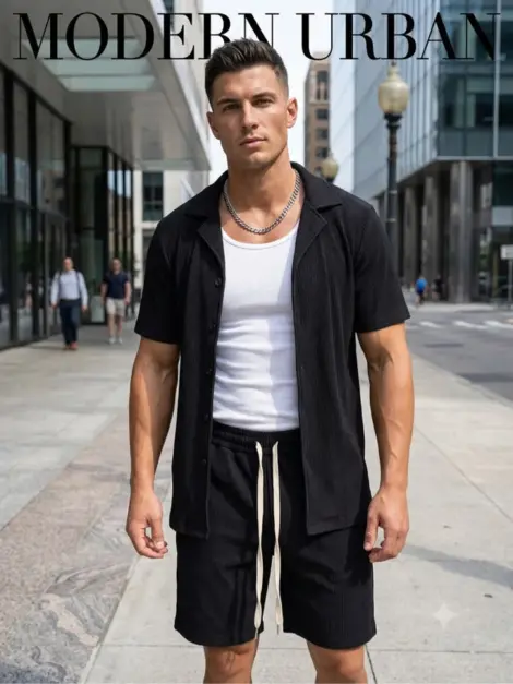 Ensemble uni homme chemisettes et short texturé et léger