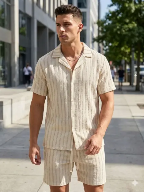 Ensemble uni homme uni à rayures chemisette et short