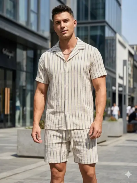 Ensemble uni homme uni à rayures chemisette et short