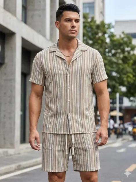 Ensemble uni homme uni à rayures chemisette et short