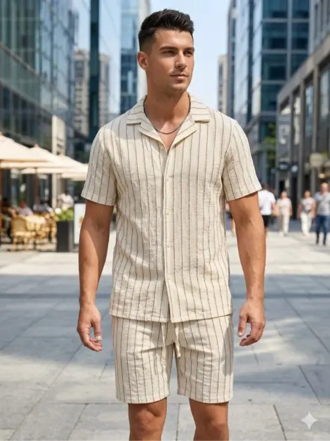 Ensemble uni homme uni à rayures chemisette et short