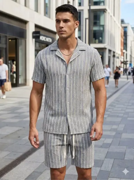 Ensemble uni homme uni à rayures chemisette et short