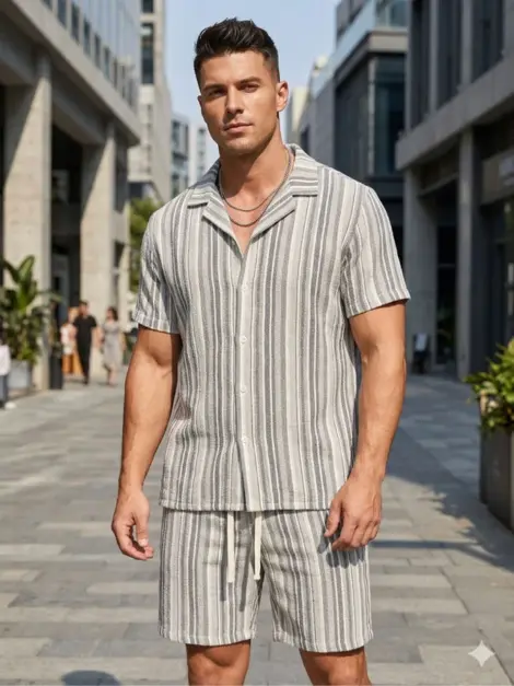 Ensemble uni homme uni à rayures chemisette et short