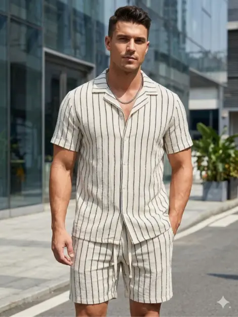 Ensemble uni homme uni à rayures chemisette et short