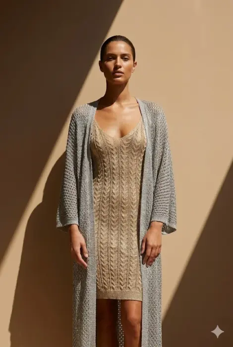 Gilet long maille ajourée – Élégance fluide