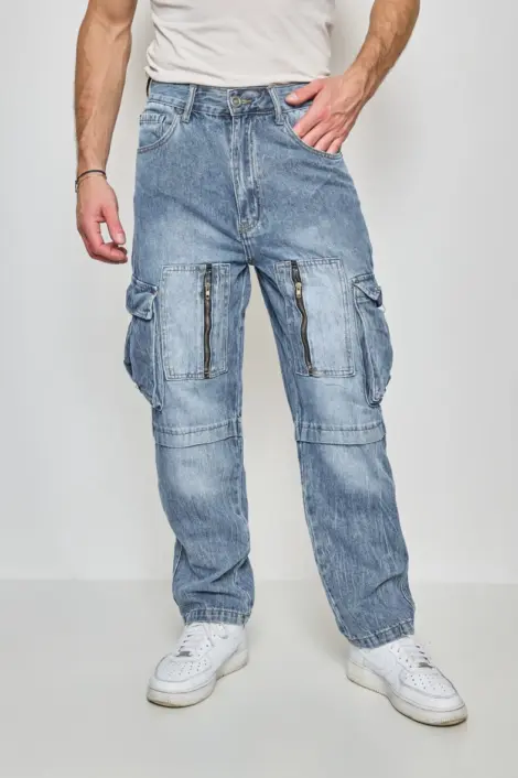 Jean à jambes larges homme style cargo effet délavé