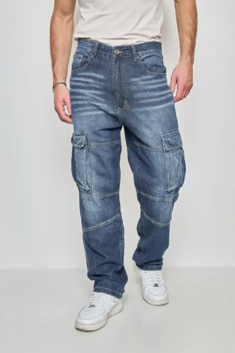 Jean à jambes larges homme style cargo effet délavé