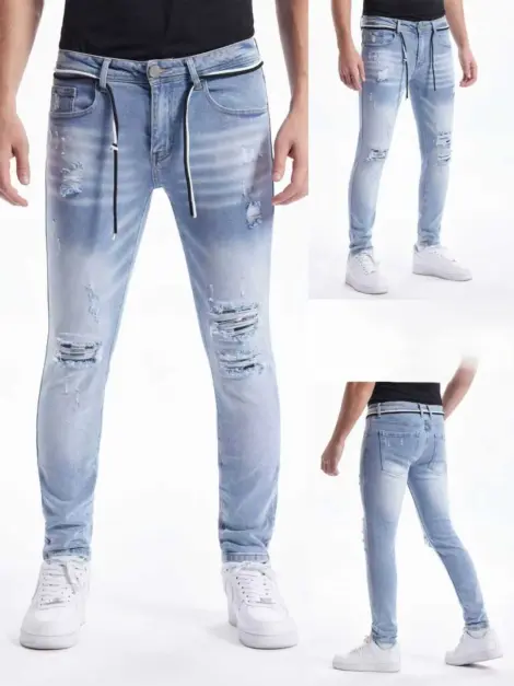 Jean bleu uni homme avec poches et déchiré niveau genoux SKINNY FIT