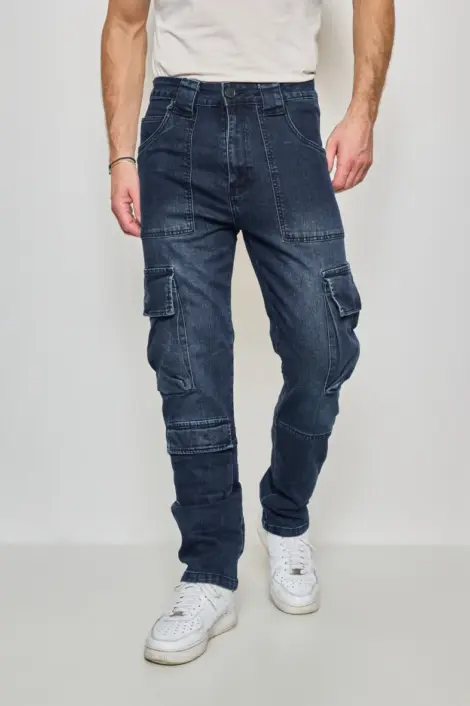 Jean cargo homme coton effet délavé bleu multi-poches