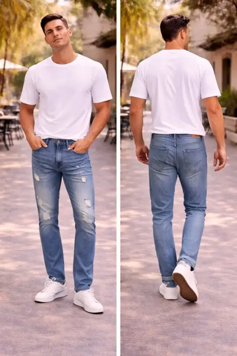 Jean Homme Bleu Délavé Destroy Coupe Droite