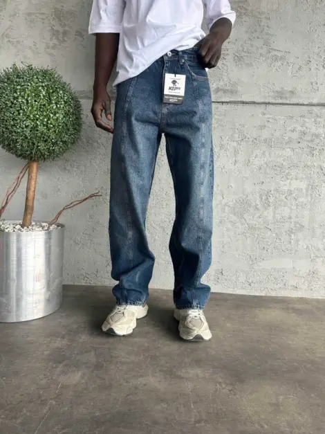 Jean uni bleu Homme baggy fit