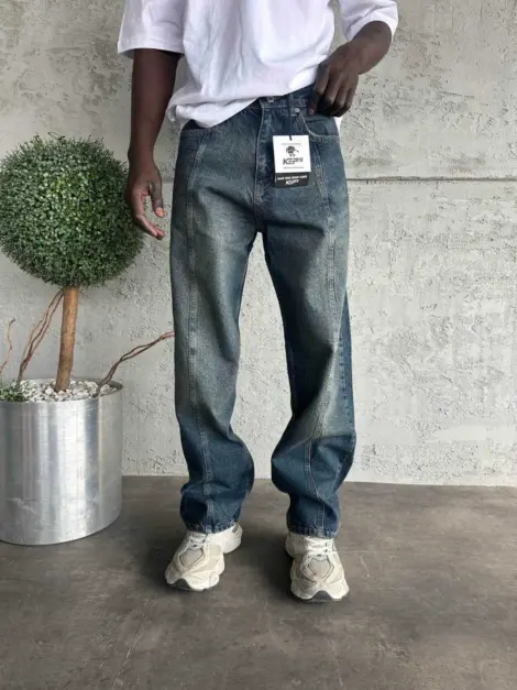Jean uni bleu Homme baggy fit