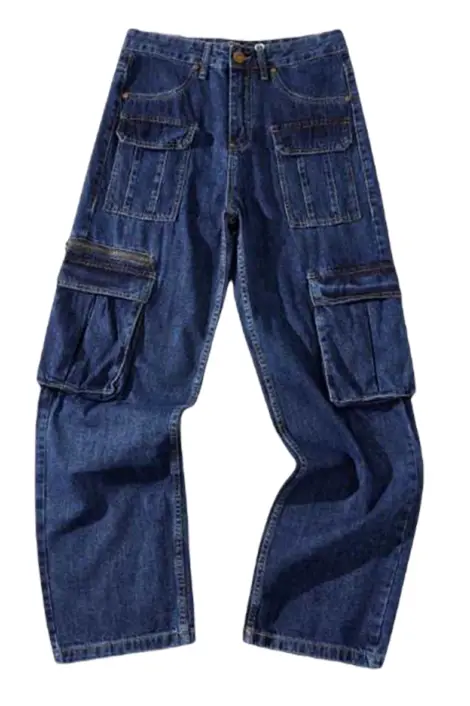 Jeans bleu large coton coupe droite avec poches