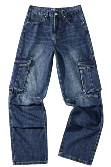 Jeans bleu large coupe droite coton effet délavé