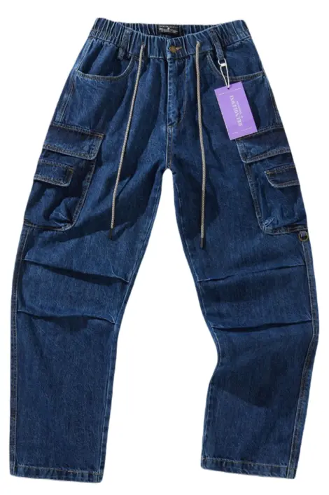 Jeans cargo bleu large coupe droite coton style jogging