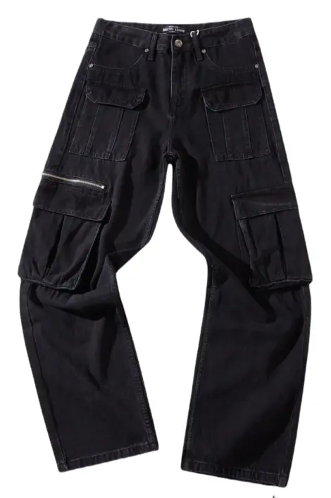 Jeans cargo noir large coton coupe droite avec poches