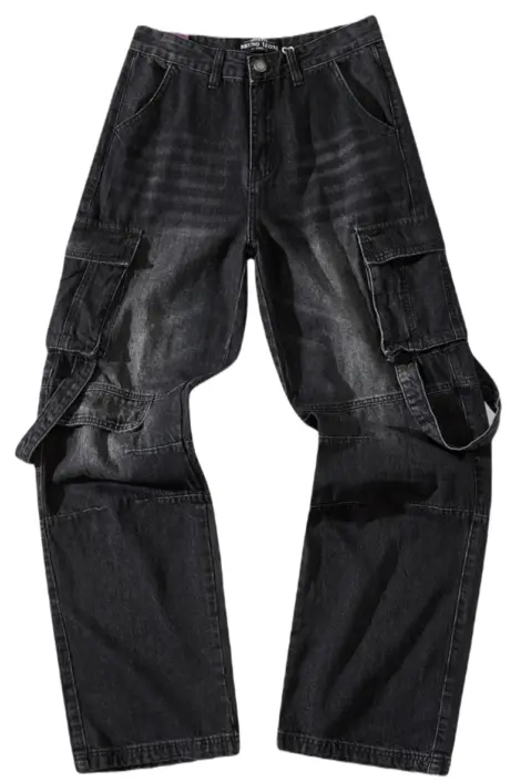 Jeans cargo noir large coupe droite coton effet délavé