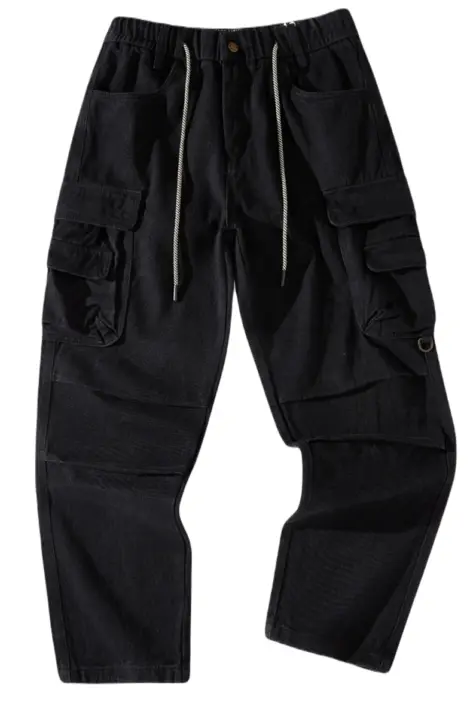 Jeans cargo noir large coupe droite coton style jogging