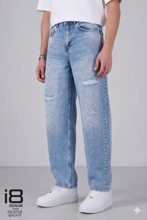 Jeans coupe baggy bleu clair homme déchirures travaillées à l'avant avec effet delave