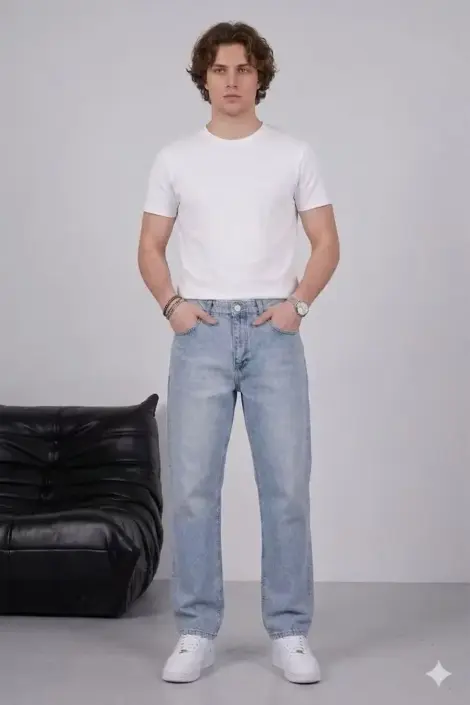 Jeans coupe baggy bleu homme effet délavé simple uni