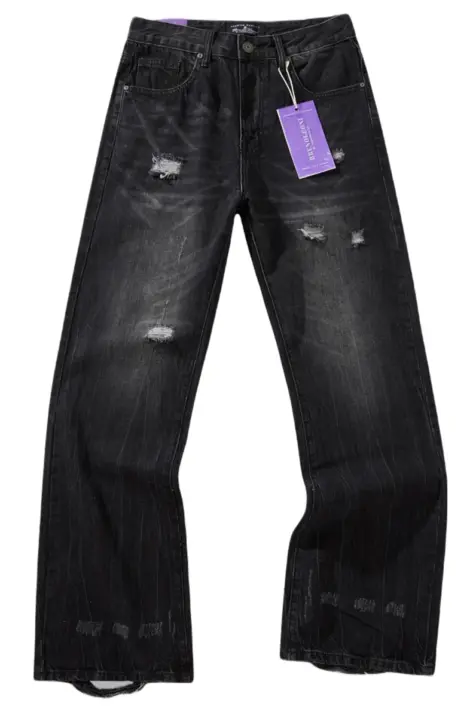 Jeans noir coupe droite coton effet déchiré délavé