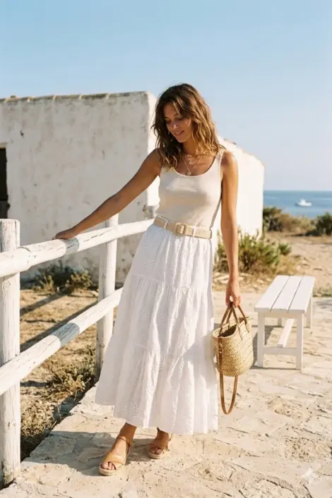 Jupe longue bohème en broderie anglaise avec ceinture