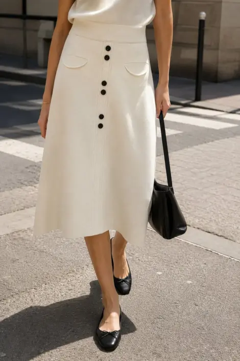 Jupe Midi en Maille avec Boutons et Poches