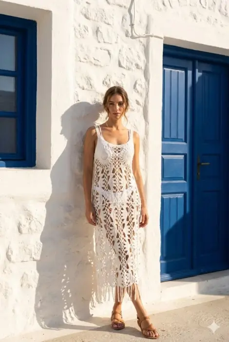 Robe de plage longue en crochet blanc