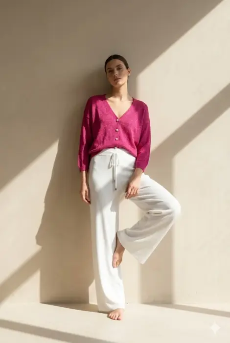 Cardigan court en maille fine – Boutons perles