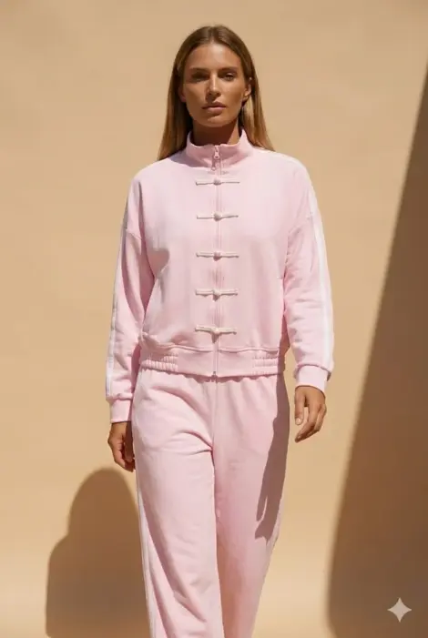Ensemble jogging rose détail asiatique – Veste zippée & pantalon fluide