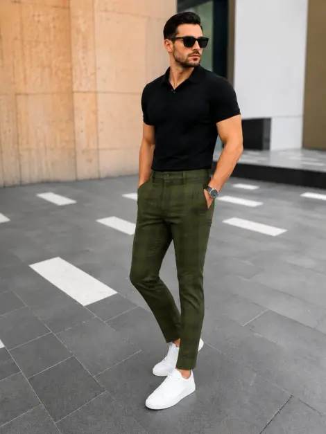 Pantalon Carreaux Kaki Slim