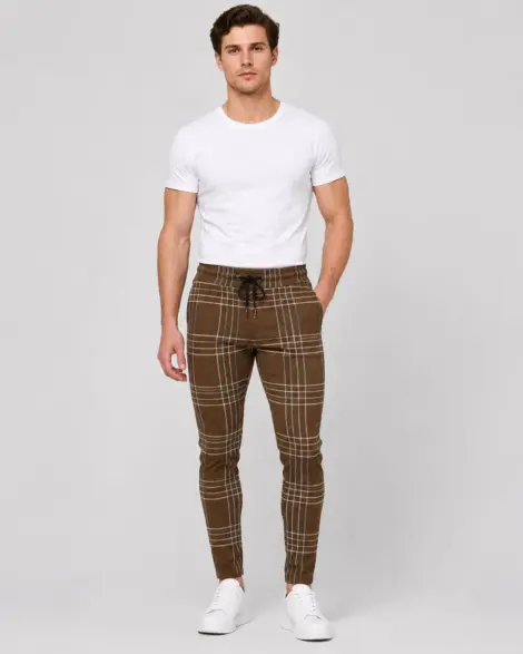 Pantalon Carreaux Marron Slim