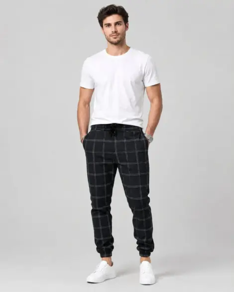 Pantalon Carreaux Noir Tapered