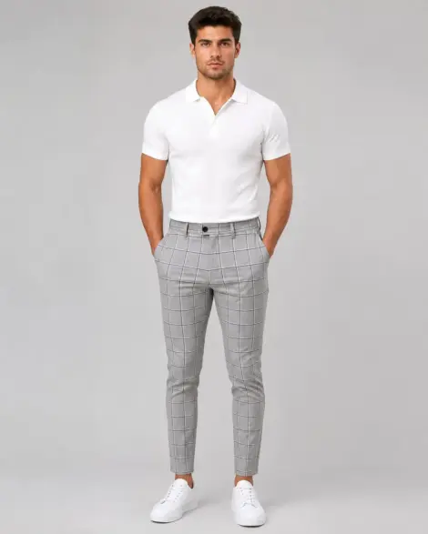 Pantalon Gris Slim Carreaux Chic