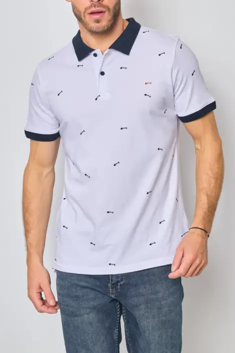 Polo Homme Blanc Motifs Discrets Col Contrasté