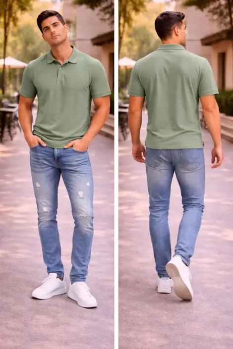 Polo Homme Vert Uni Casual Essentiel