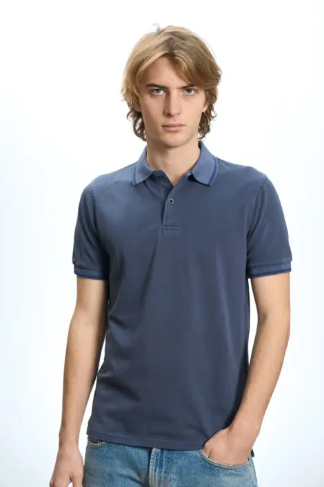 Polo uni homme a col rayé et bouton