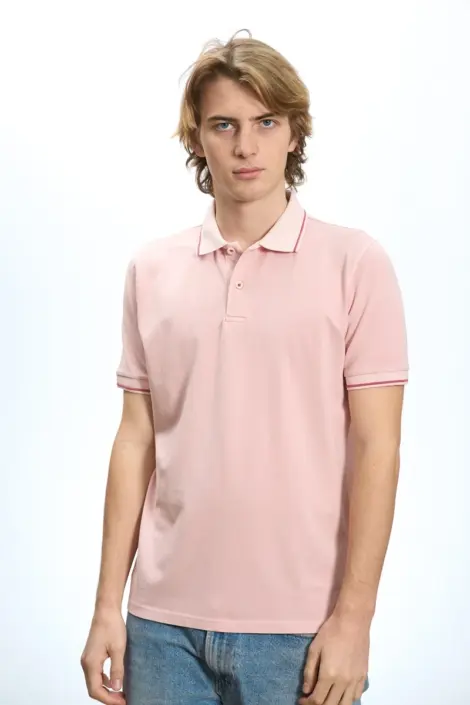 Polo uni homme a col rayé et bouton