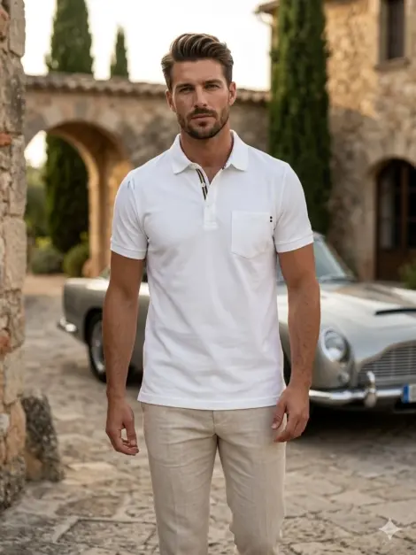 Polo uni homme col boutons et poche à l'avant