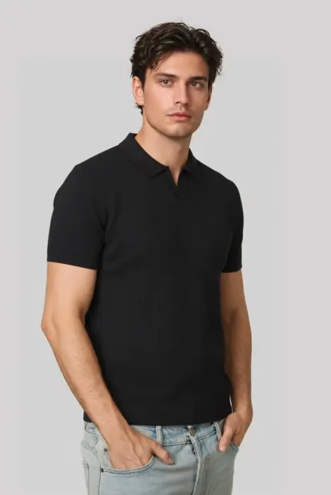 Polo uni homme col v, mailles côtelée à manches courtes