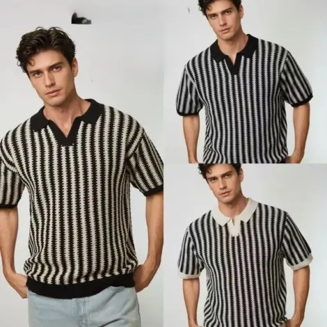 Polo uni homme col v, mailles texturée à manches courtes