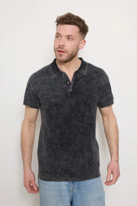 Polo uni homme effet délave col boutonné